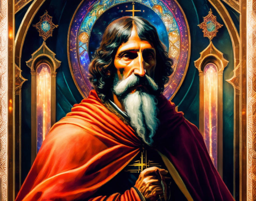 Portrait of bearded man in red cloak with cross against stained glass background