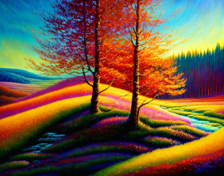 Colorful Autumn Landscape with Vibrant Trees and Rolling Hills