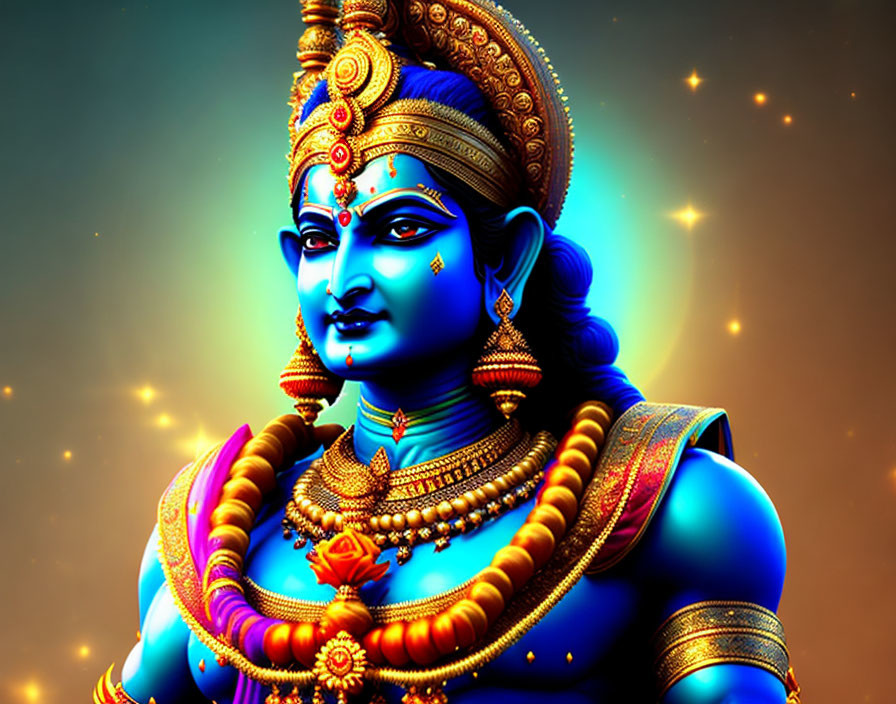 Blue-skinned deity with lotus flower and traditional Indian jewelry