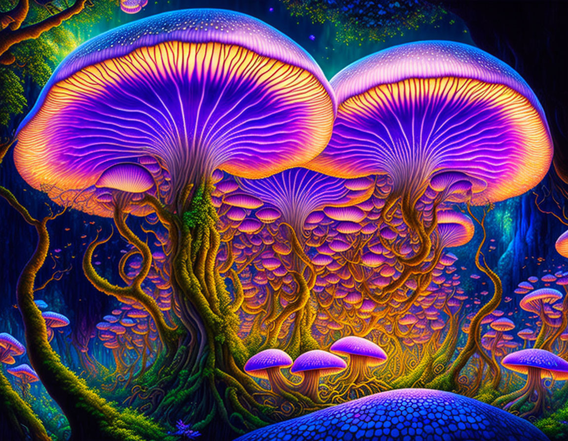 Colorful luminescent fantasy mushrooms in enchanted forest