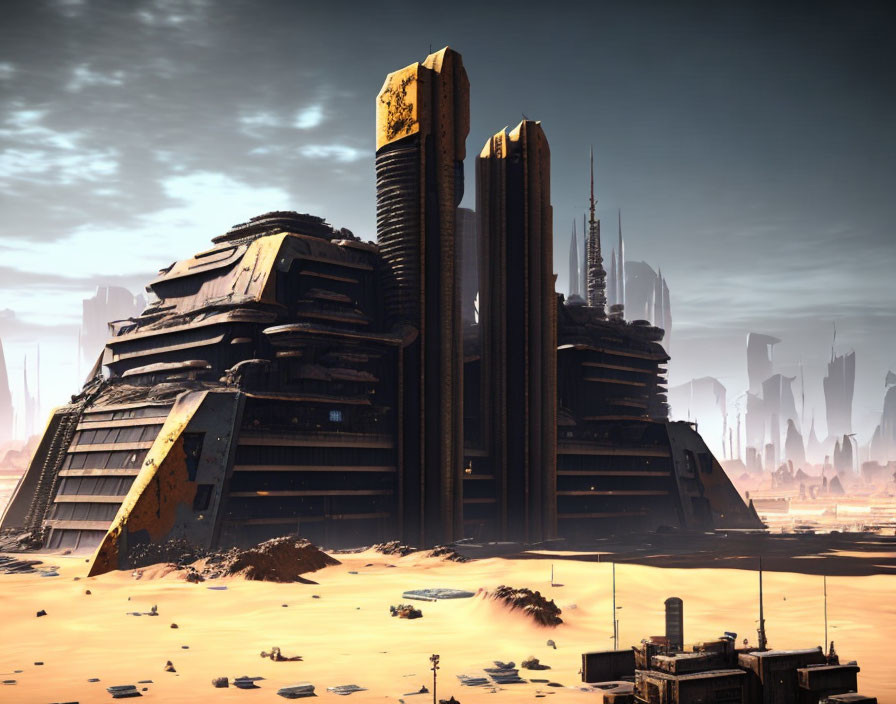 Dark futuristic cityscape in desert with advanced architecture