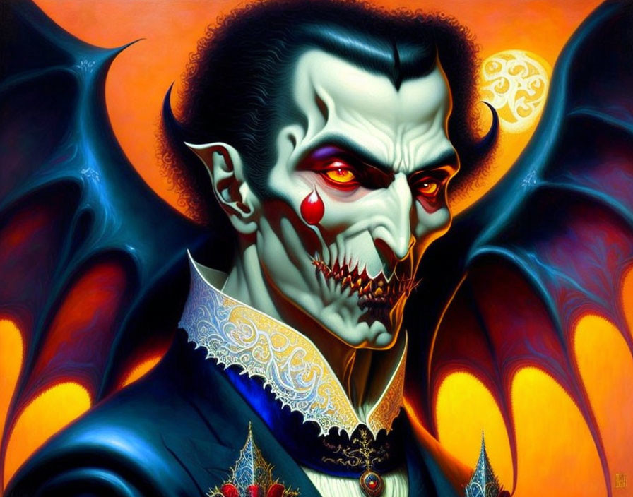 Vampire art: pale figure in Victorian attire with fangs, blood tear, bats, full moon