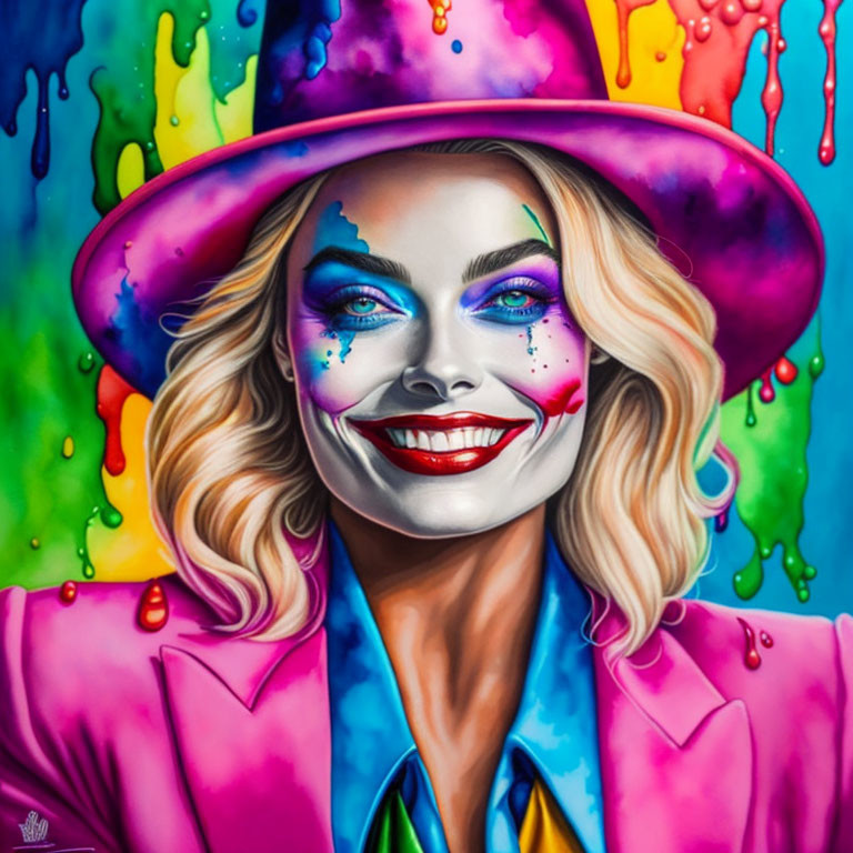 Vibrant portrait of smiling woman in colorful makeup and paint-dripped attire