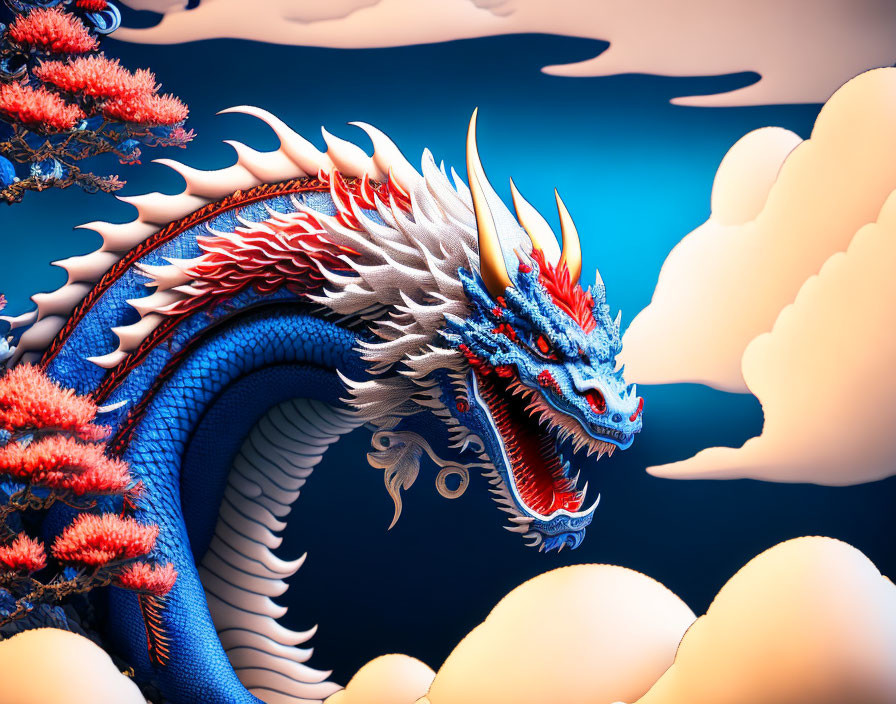 Colorful digital art: Blue and white dragon with red accents in a scenic setting