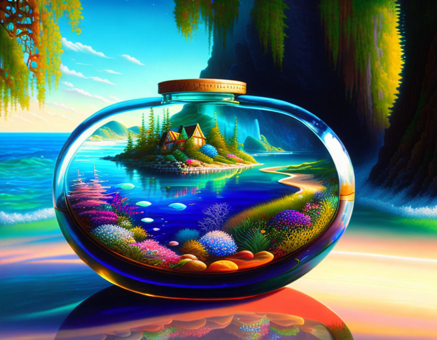 Colorful Surreal Landscape Painting with Fishbowl, Island, House, and Trees