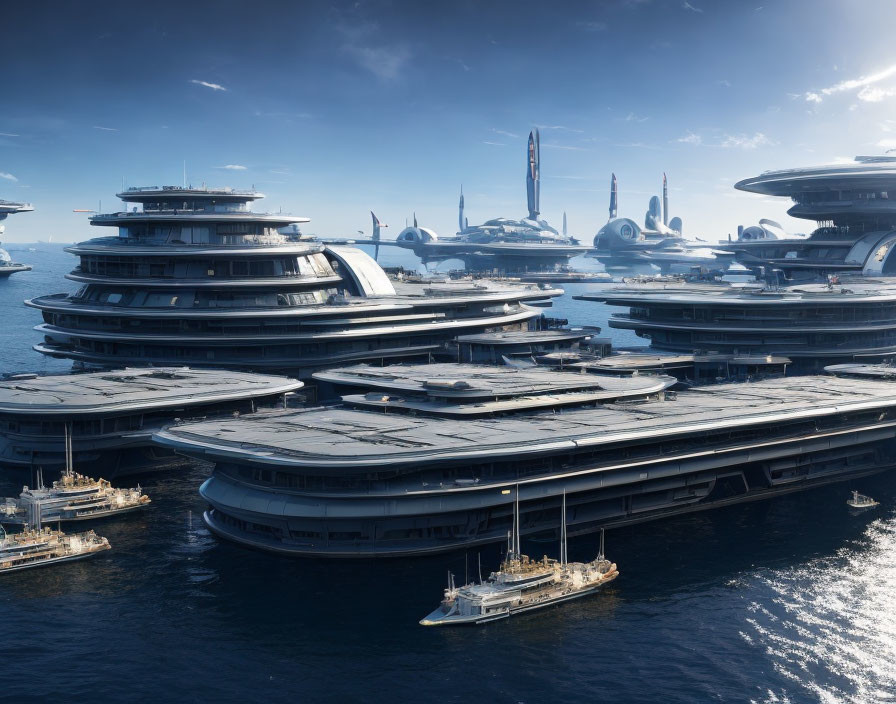 Futuristic ocean city with layered platforms and ships under a partly cloudy sky