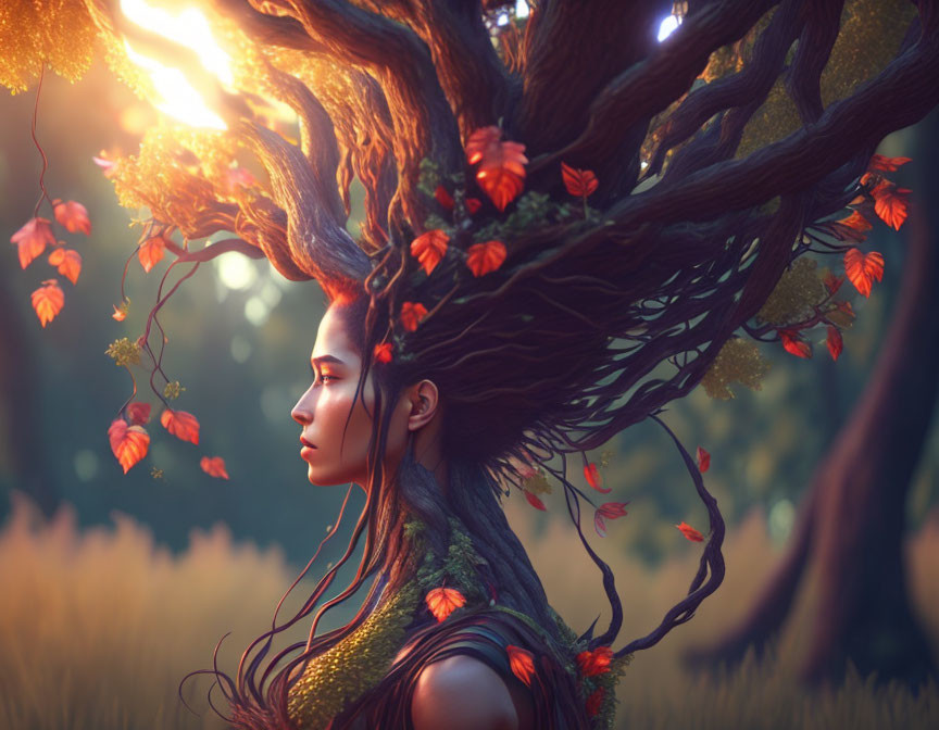 Mystical woman with hair blending into tree in glowing forest