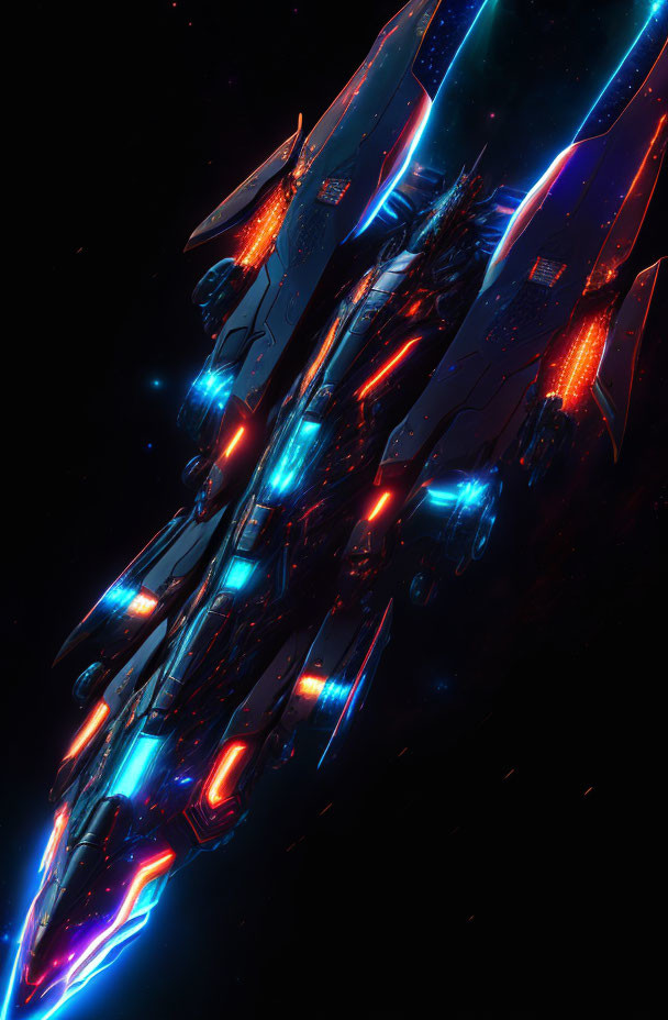 Futuristic spaceship with glowing blue and red lights in space