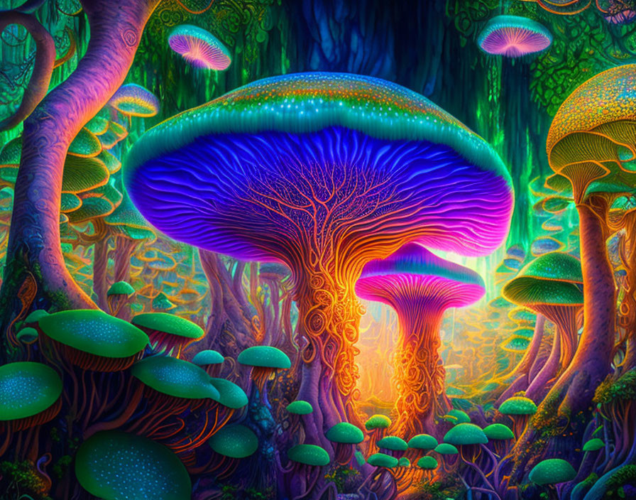 Colorful digital artwork of mystical forest with neon mushrooms and luminous atmosphere