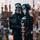 Elaborate Day of the Dead makeup and costumes with gothic elegance