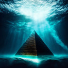 Underwater scene with light beams on ancient pyramid