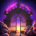 Ornate gate leading to vibrant cosmic sunset scene