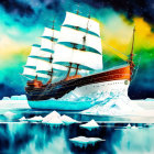 Detailed Arctic sailing ship illustration with illuminated windows and starry sky backdrop.