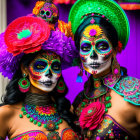 Vibrant Day of the Dead makeup and floral headpieces on two individuals in traditional attire