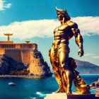 Mythological horned figure statue overlooking coastal cityscape