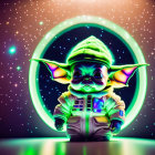 Character in futuristic space suit with neon ring backdrop