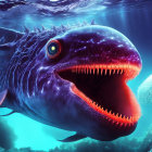 Stylized oversized cartoonish shark swimming underwater