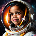 Child in detailed astronaut helmet with galaxy reflection.