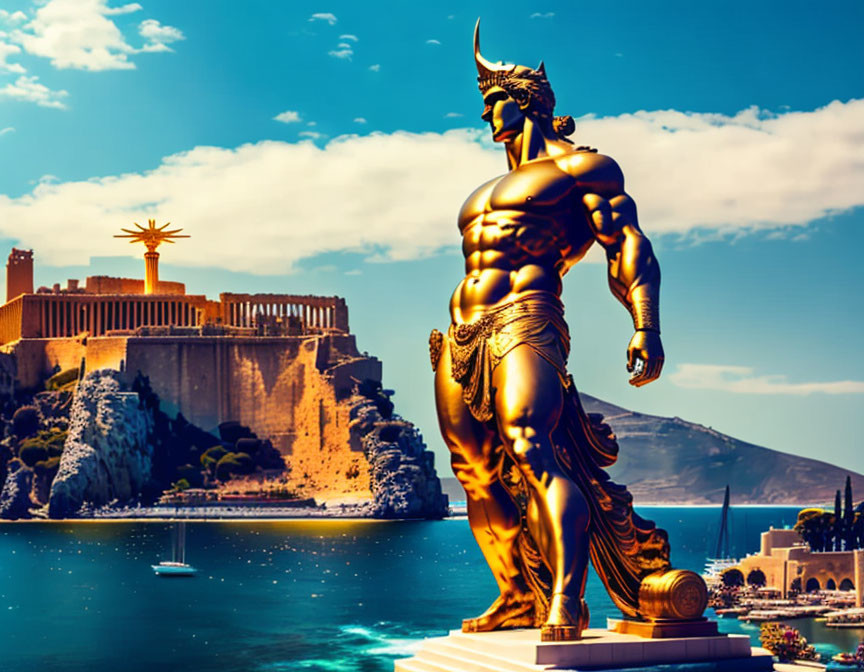 Mythological horned figure statue overlooking coastal cityscape