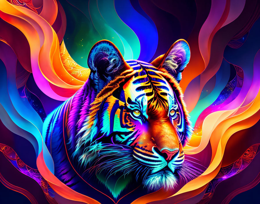 Colorful Tiger Artwork with Neon Colors on Abstract Background