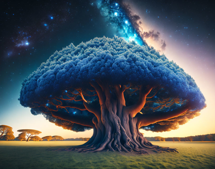 Majestic tree with thick trunk and dense canopy under starry sky in serene twilight landscape