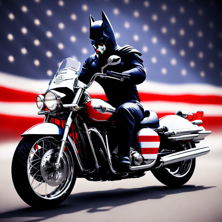 Person in Batman costume rides motorcycle with American flag backdrop