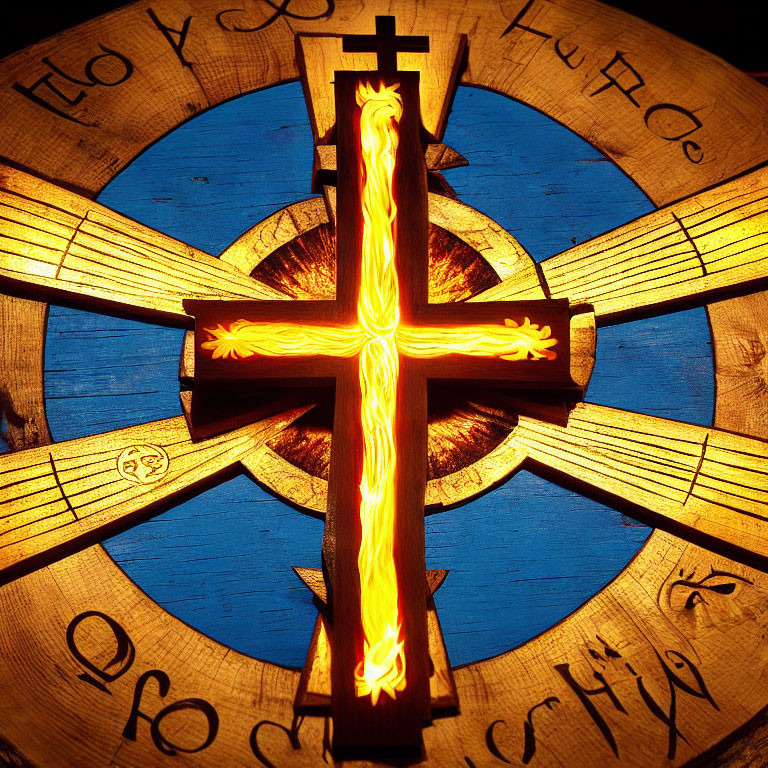 Glowing wooden cross on circular background with inscribed symbols