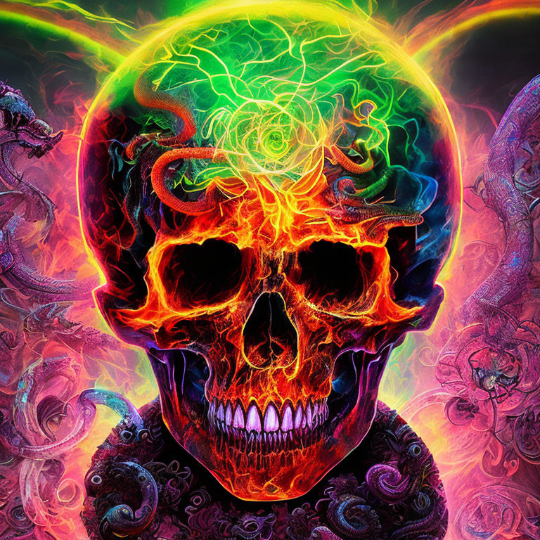 Digital artwork of flaming skull with glowing brain against intricate backdrop