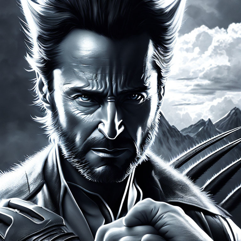 Monochromatic digital art: male character with intense eyes, sideburns, and clawed fist