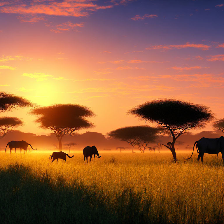 Savanna Sunset: Elephants Silhouetted Among Acacia Trees