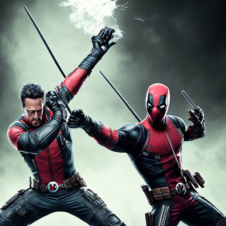 Characters in red and black suit with white eyes and black suit with glowing hand holding swords.