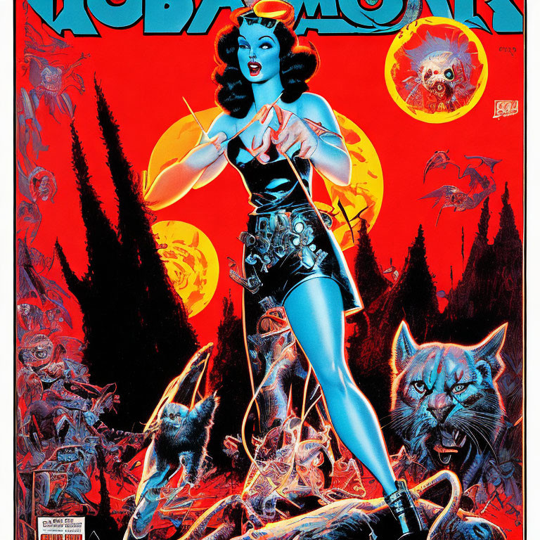 Female superhero with black hair on red background, full moon, wolves - Vintage comic book cover.