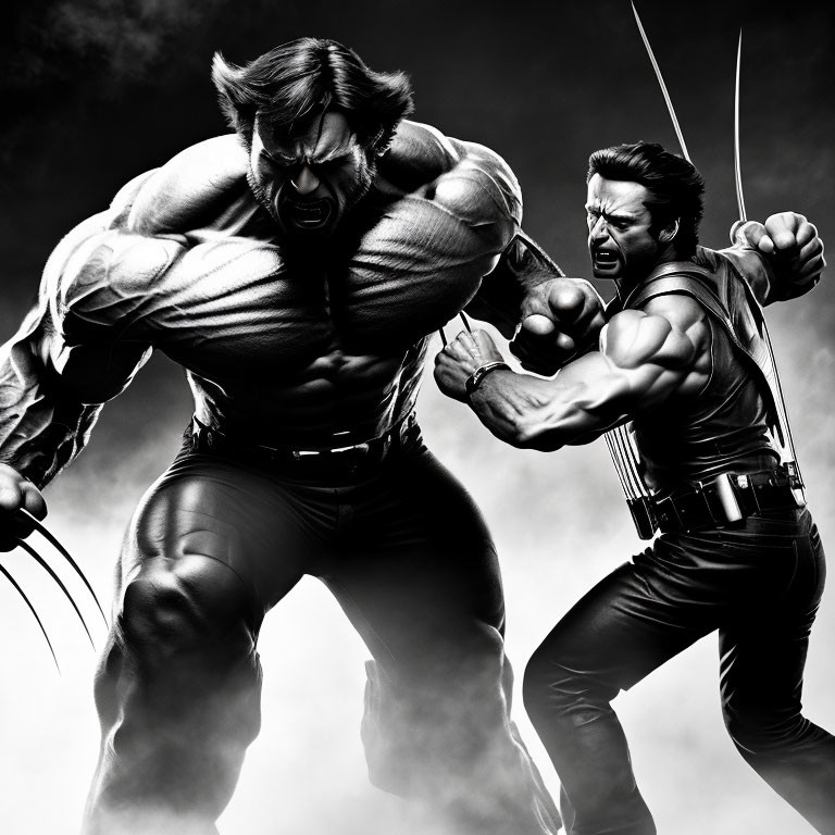 Muscular characters in dynamic fight pose with metal claws and bared fists