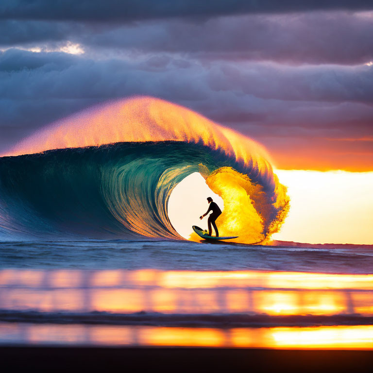 Surfer riding large wave at fiery sunset