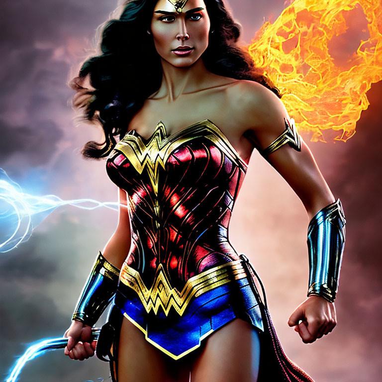 Stylized Wonder Woman with lightning and fire in cosmic setting