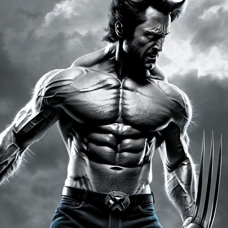 Muscular animated character with claws and X-Men belt buckle against stormy sky.