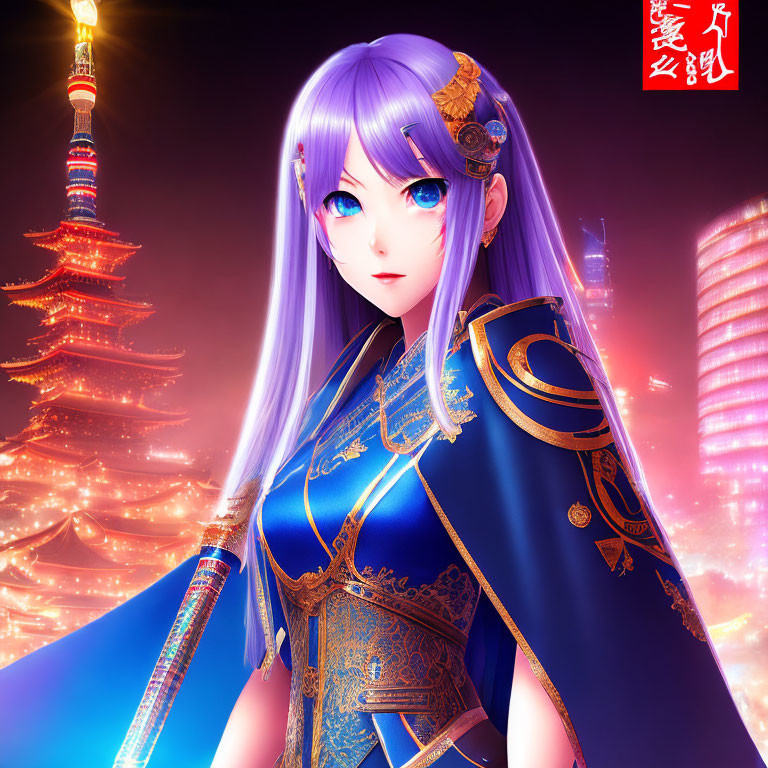 Purple-haired female character in blue & gold outfit against Asian pagoda backdrop