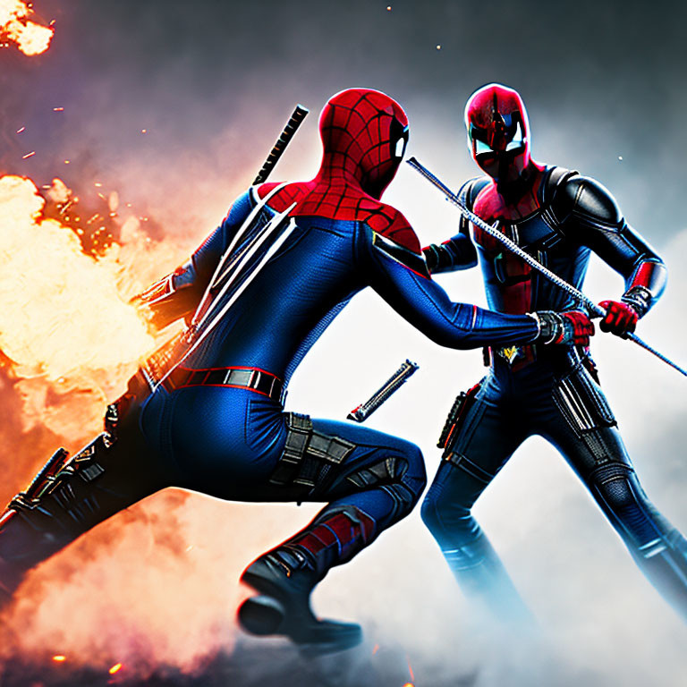 Spider-Man Costumes Clash in Front of Fiery Explosion