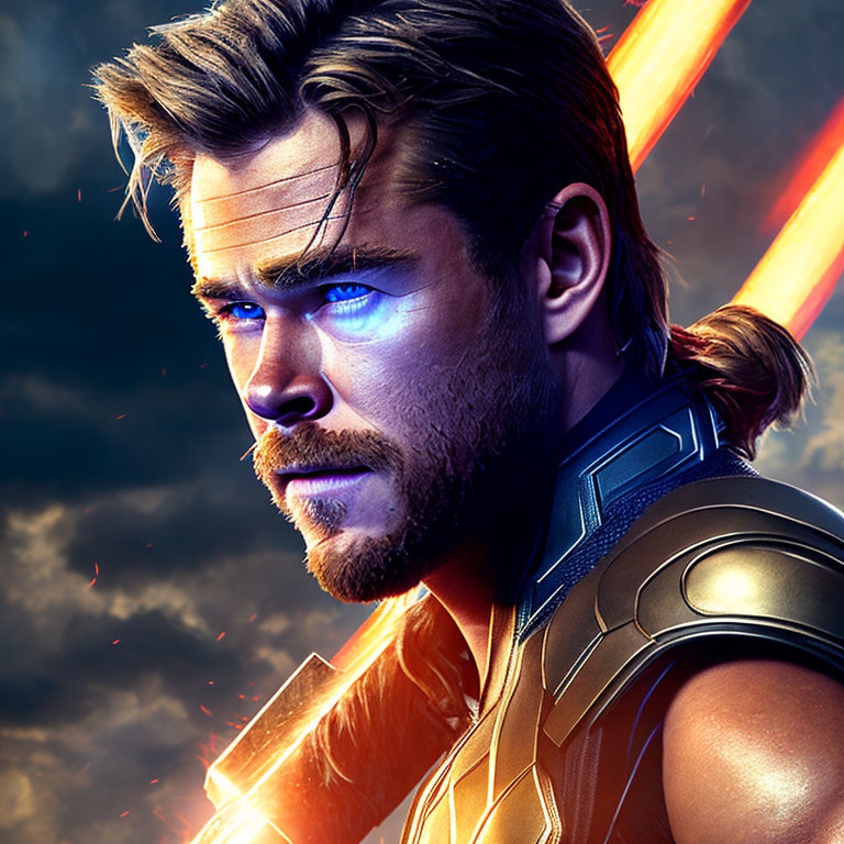 Man in Futuristic Armor with Blue Eyes and Beard in Vibrant Light Beams