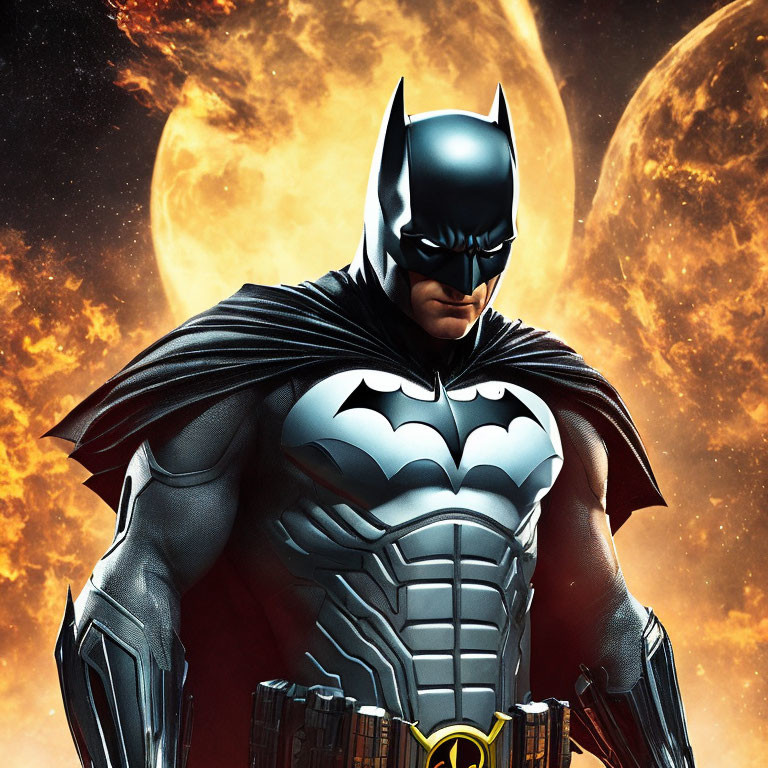 Superhero in Black Bat Costume with Cape on Moonscape