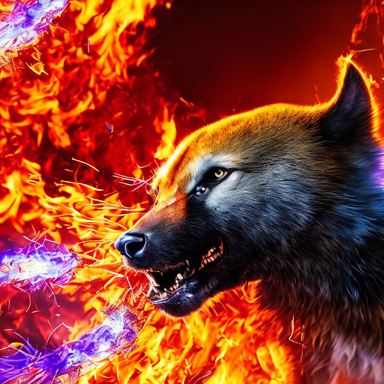 Wolf's face emerges from intense flames and glowing embers with sharp fangs and fiery eyes.