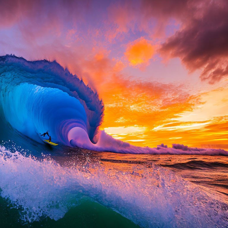 Surfer riding massive wave under vibrant sunset sky