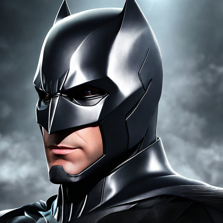 Person in Batman costume with cowl and mask in serious expression against dark background