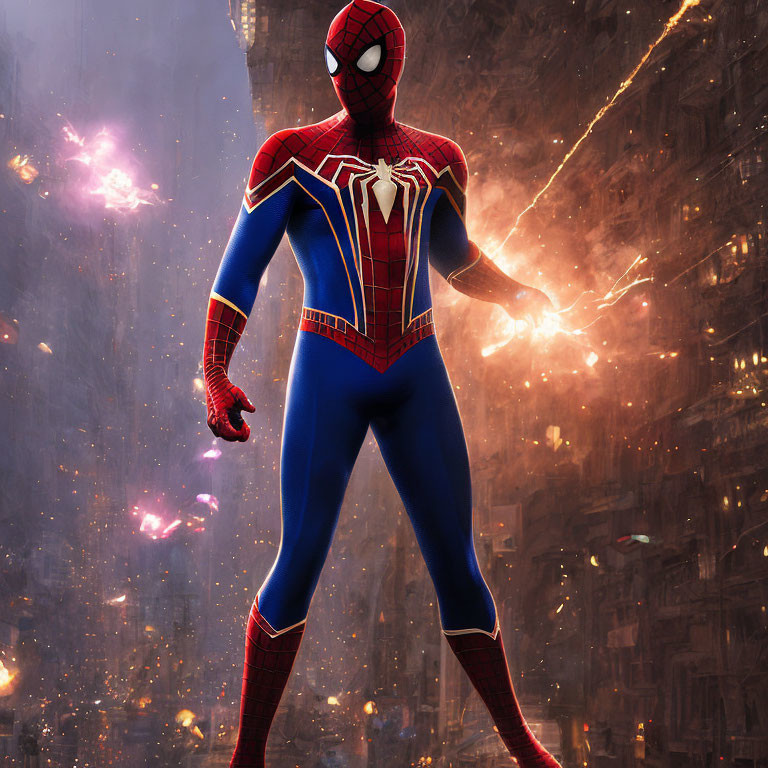 Superhero in dynamic pose against chaotic urban backdrop with debris and glowing particles.