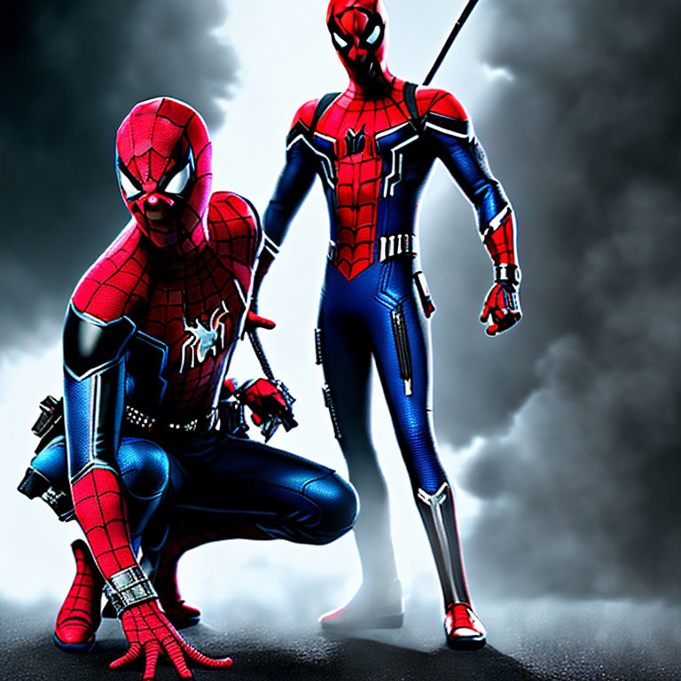 Two individuals in Spider-Man costumes posing back-to-back against a dark, cloudy background