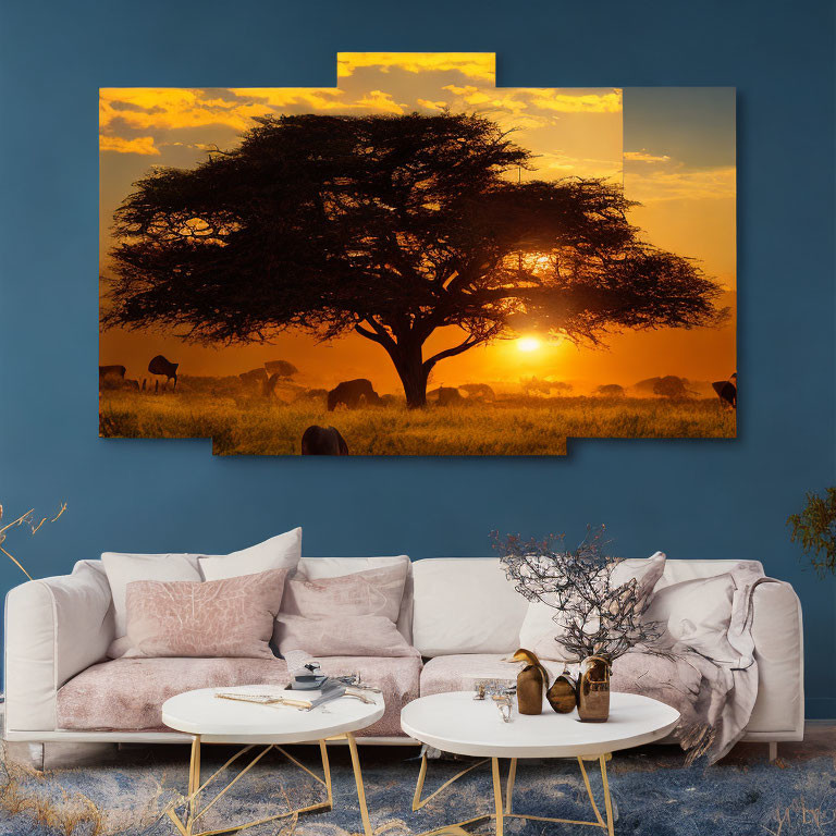 Split Canvas Art of Savanna Tree at Sunset Above White Couch