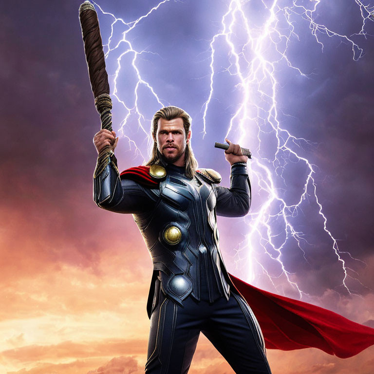 Blond superhero with hammer and lightning, in armor and cape