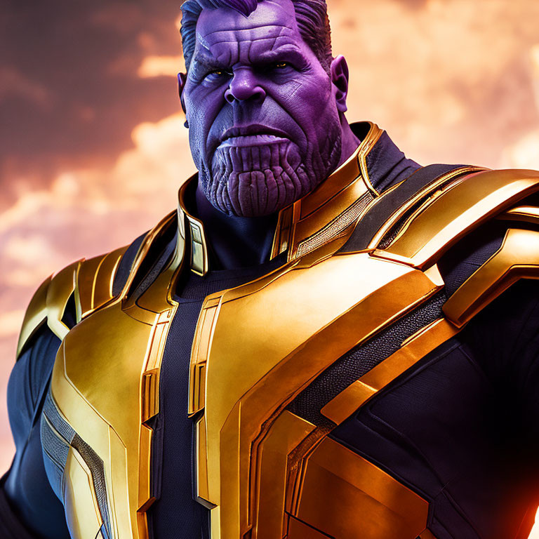 Purple-skinned muscular figure in gold and black armor under dramatic sky