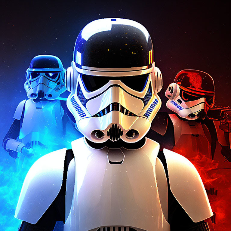 Three stormtroopers against red and blue nebulous backdrop.