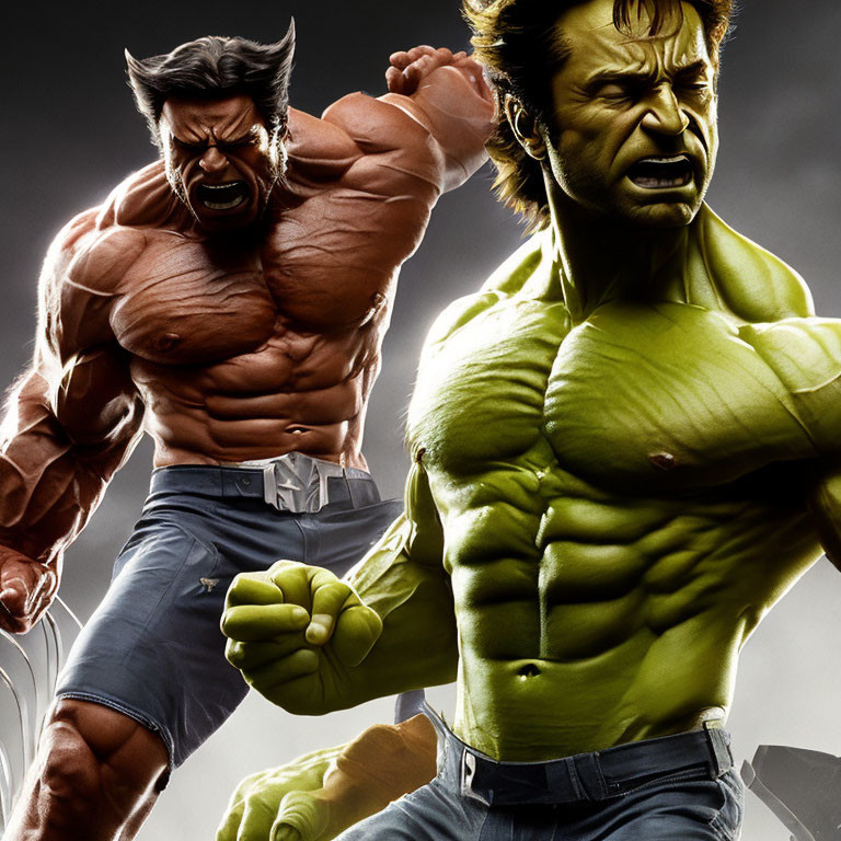 Muscular brown and green characters in aggressive superhero poses